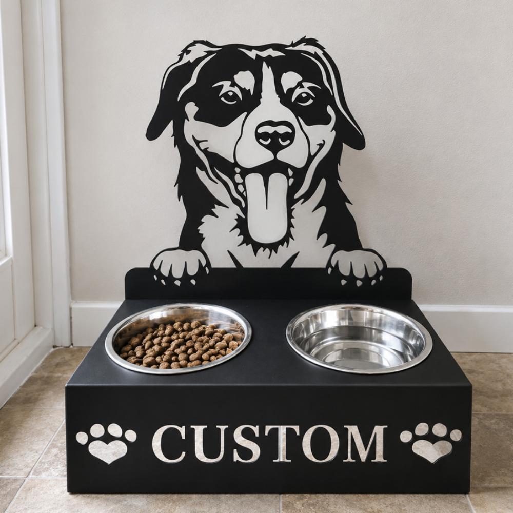 Personalized entlebucher mountain dog metal dog bowl stand with custom name cutout and two removable feeding bowls