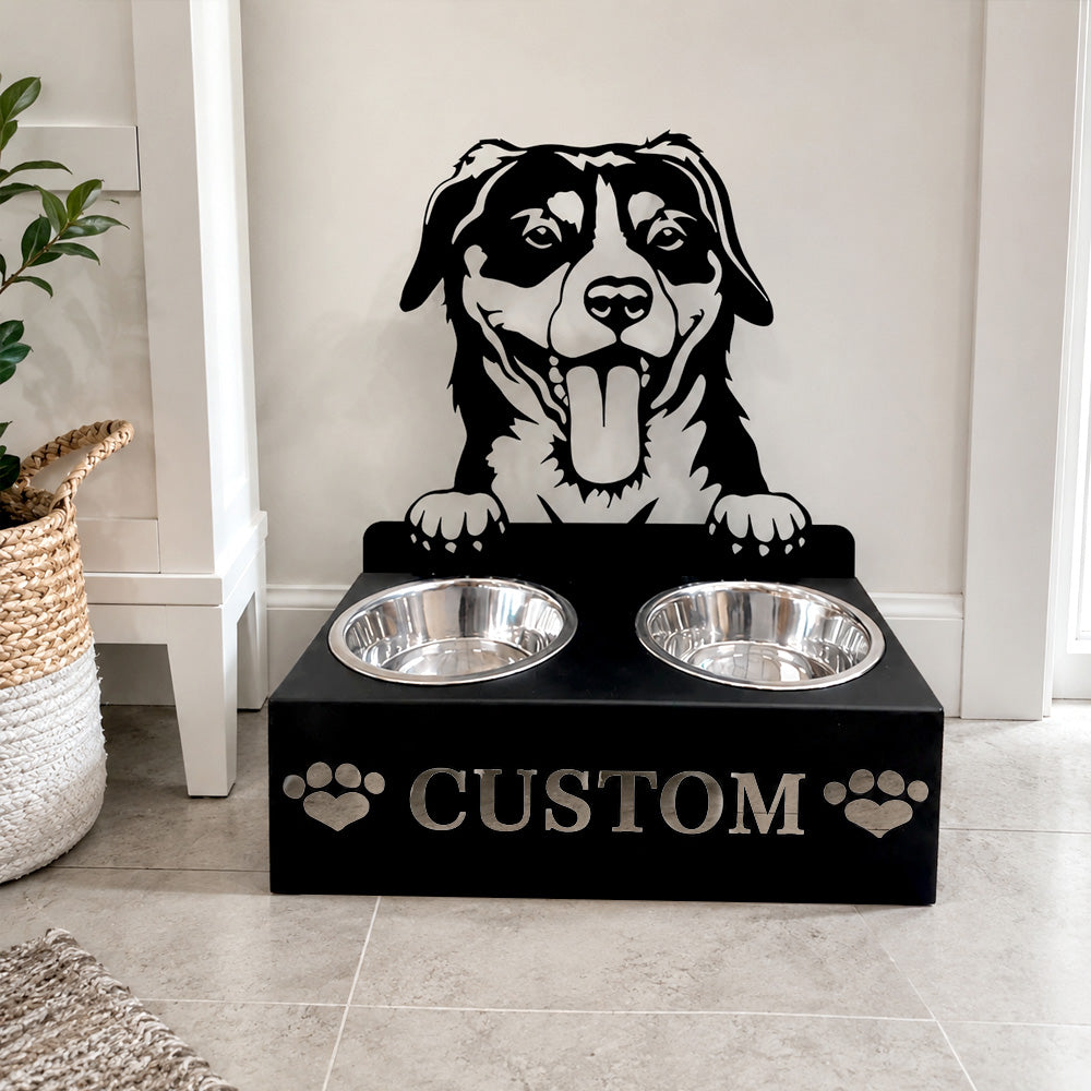 Personalized entlebucher mountain dog metal dog bowl stand with custom name cutout and two removable feeding bowls