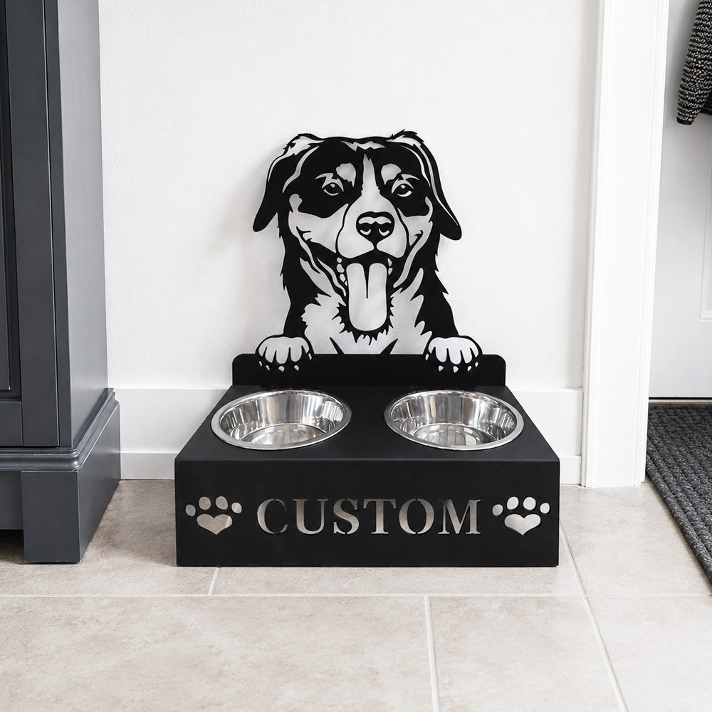 Personalized entlebucher mountain dog metal dog bowl stand with custom name cutout and two removable feeding bowls