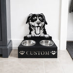 Personalized entlebucher mountain dog metal dog bowl stand with custom name cutout and two removable feeding bowls