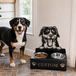 Personalized entlebucher mountain dog metal dog bowl stand with custom name cutout and two removable feeding bowls