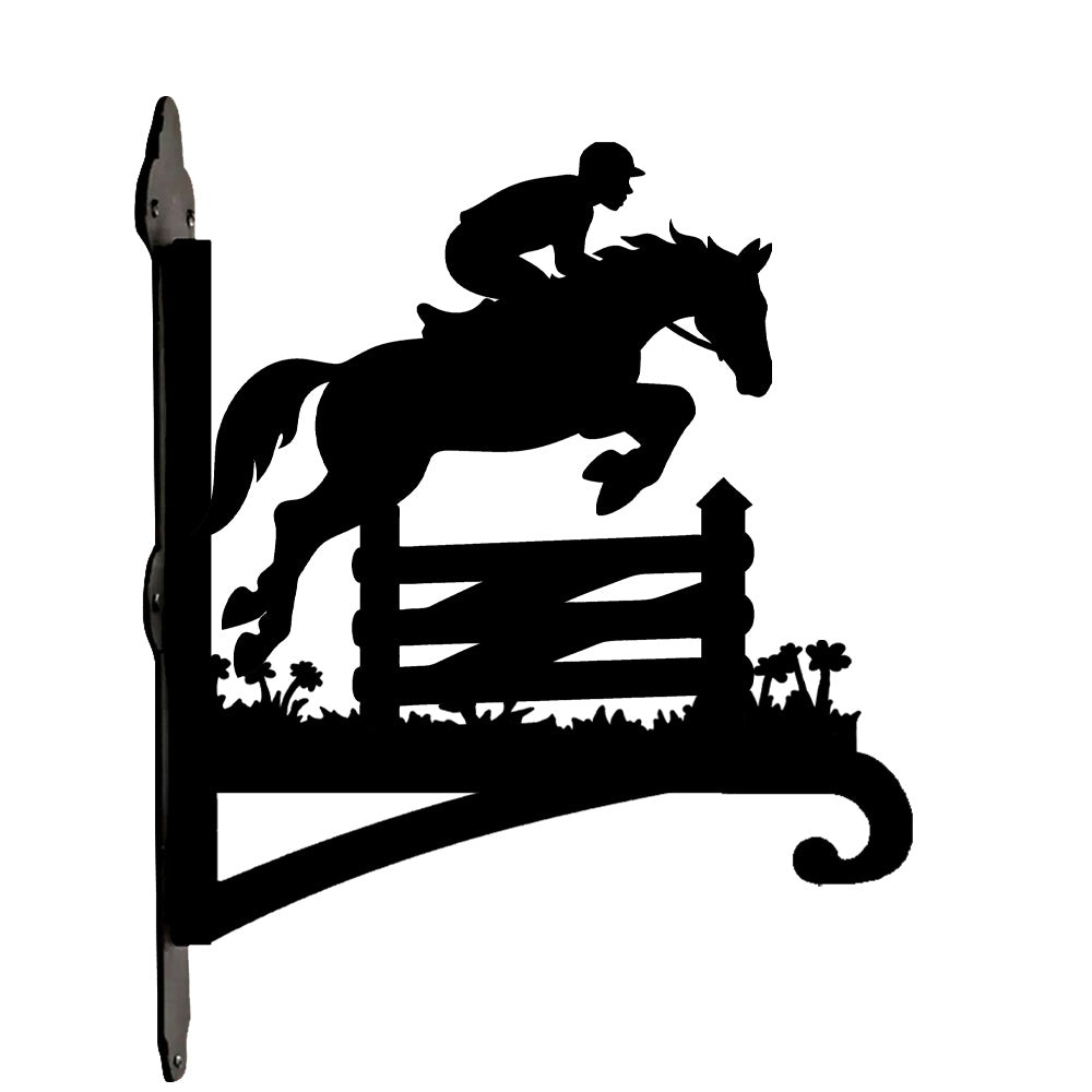 Equestrian show jumping metal hanging basket bracket mounted on outdoor wall for plant decoration