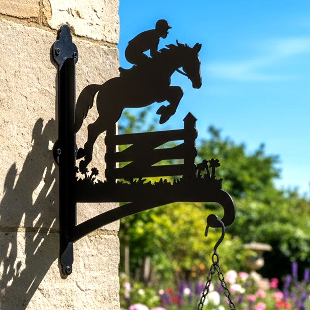 Equestrian show jumping metal hanging basket bracket mounted on outdoor wall for plant decoration