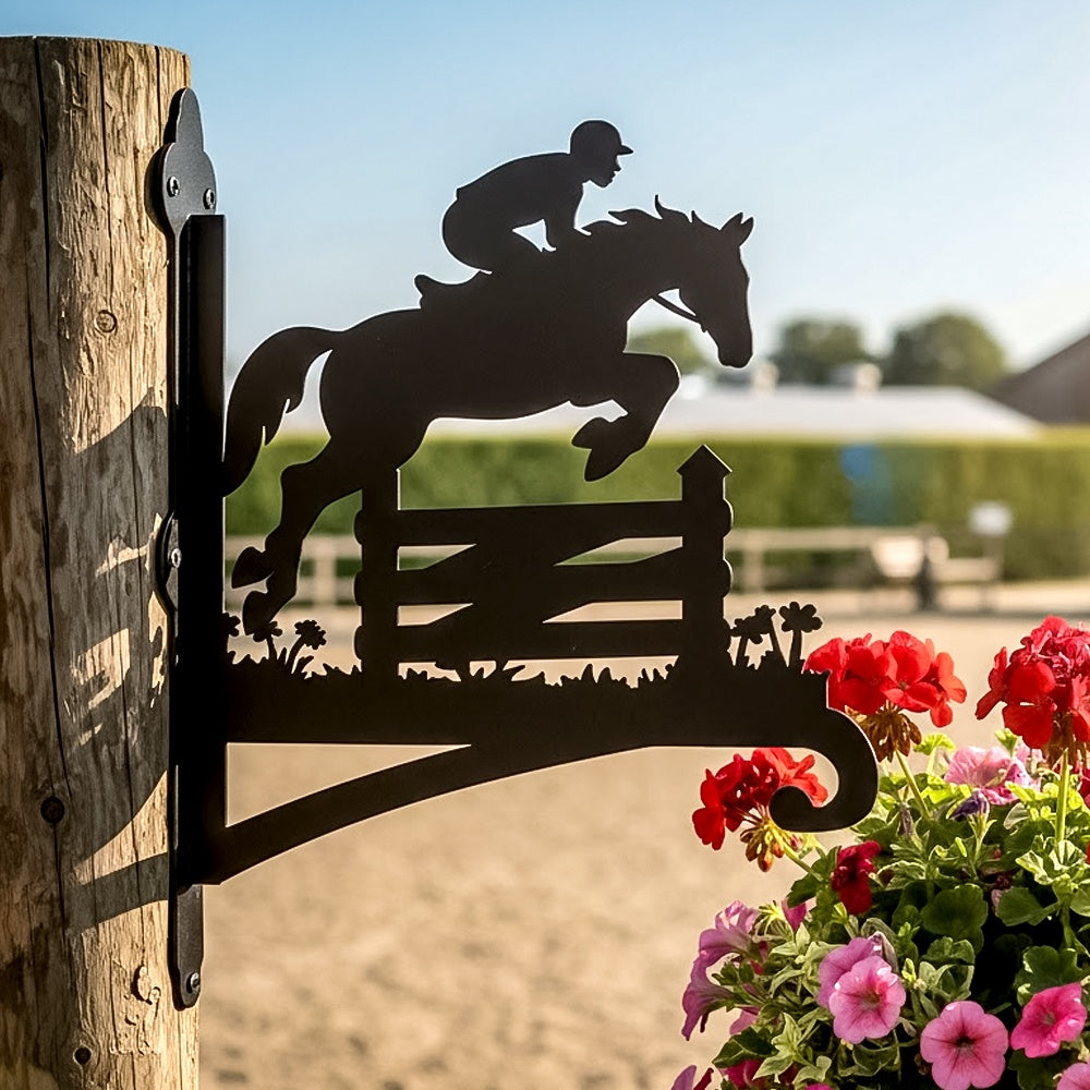 Equestrian show jumping metal hanging basket bracket mounted on outdoor wall for plant decoration