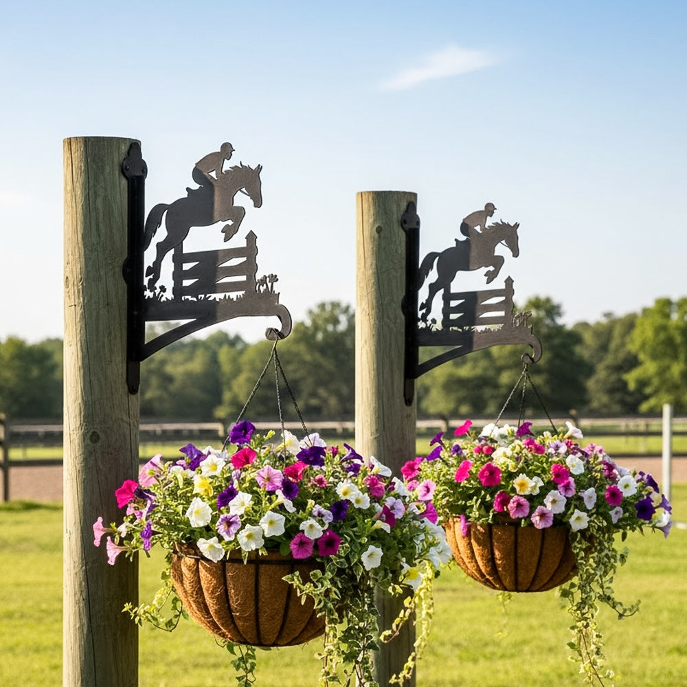 Equestrian show jumping metal hanging basket bracket mounted on outdoor wall for plant decoration