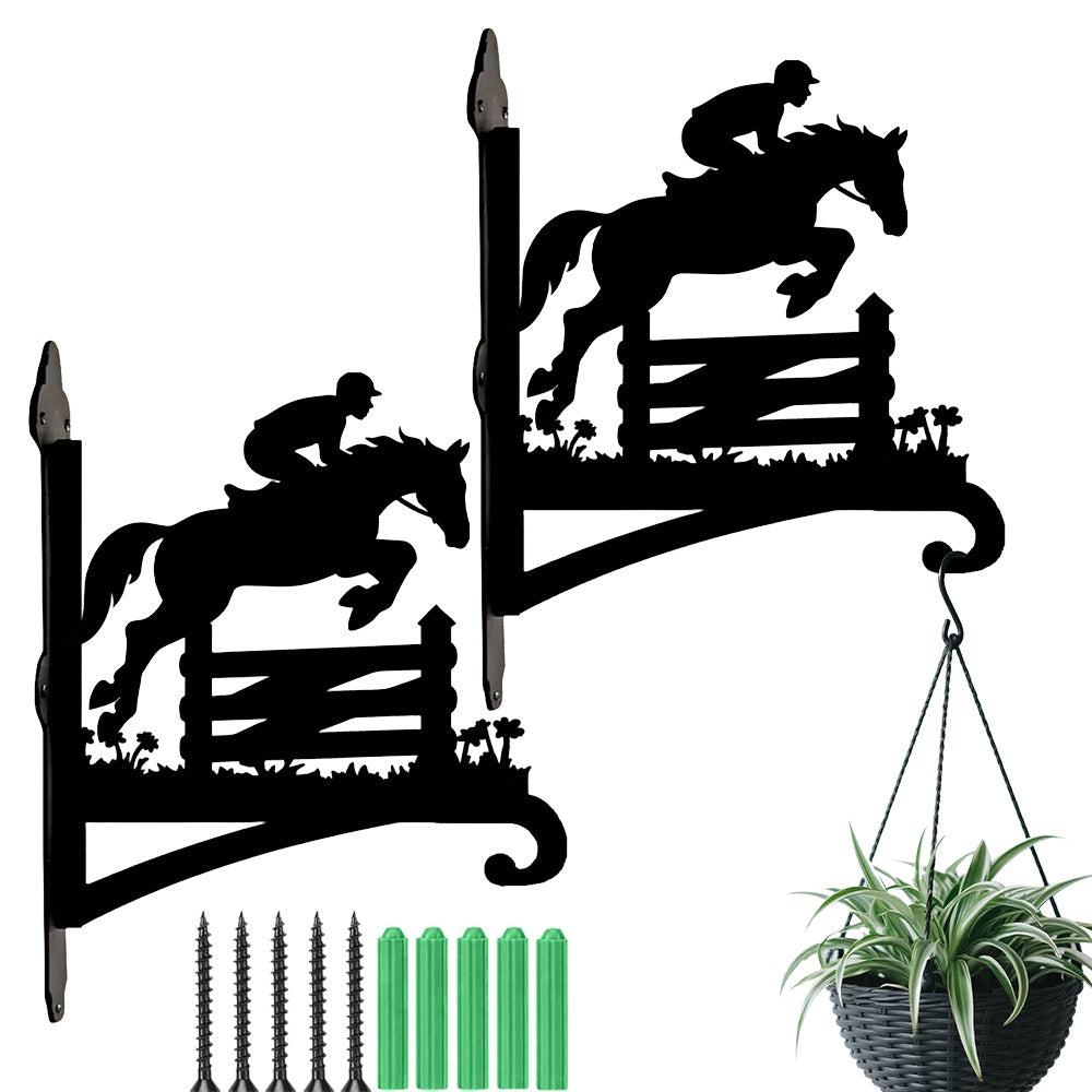 Equestrian show jumping metal hanging basket bracket mounted on outdoor wall for plant decoration