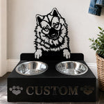 Personalized eurasier dog metal dog bowl stand with custom name cutout and two removable feeding bowls
