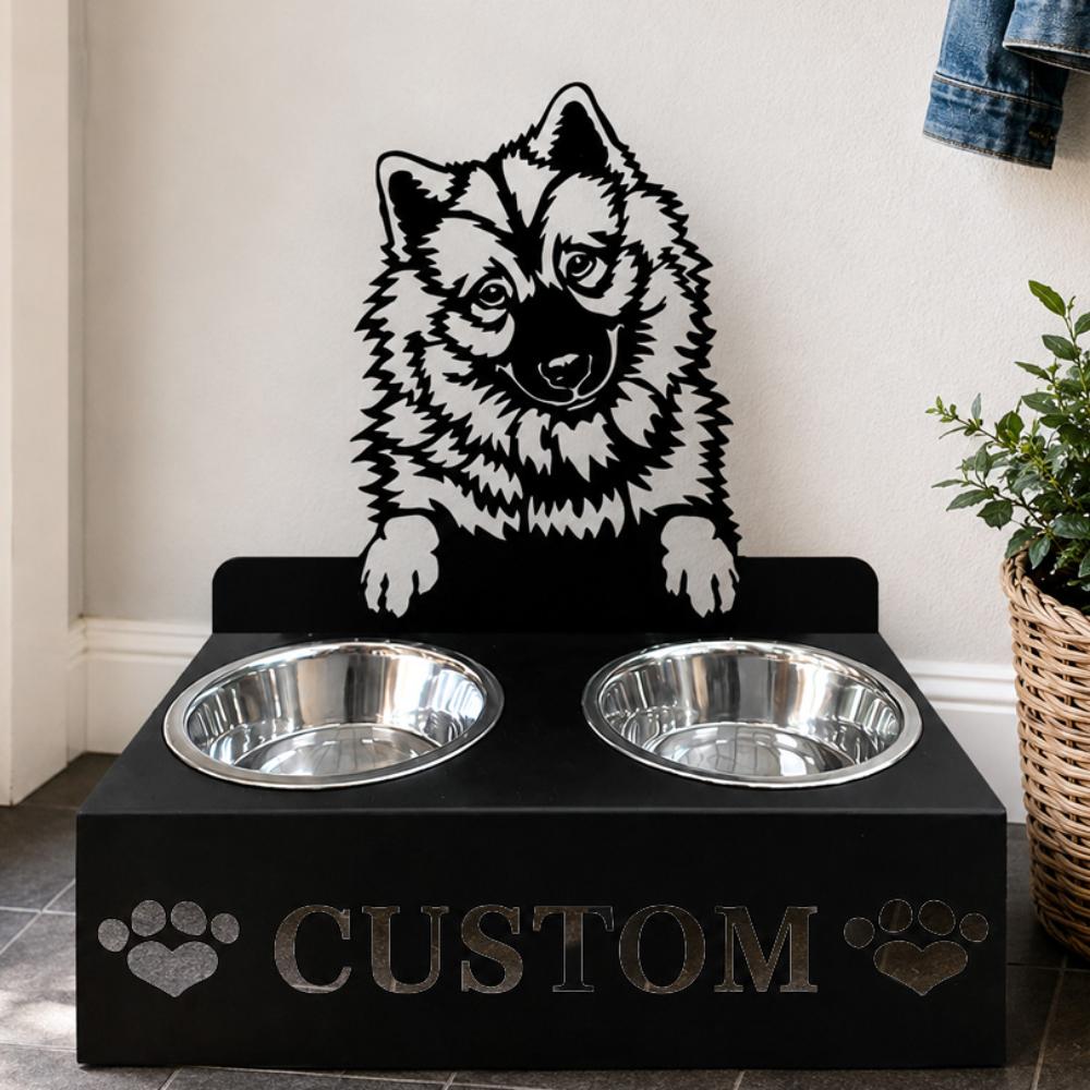Personalized eurasier dog metal dog bowl stand with custom name cutout and two removable feeding bowls