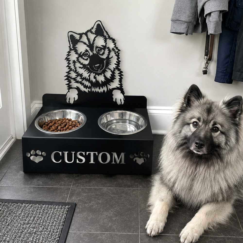Personalized eurasier dog metal dog bowl stand with custom name cutout and two removable feeding bowls
