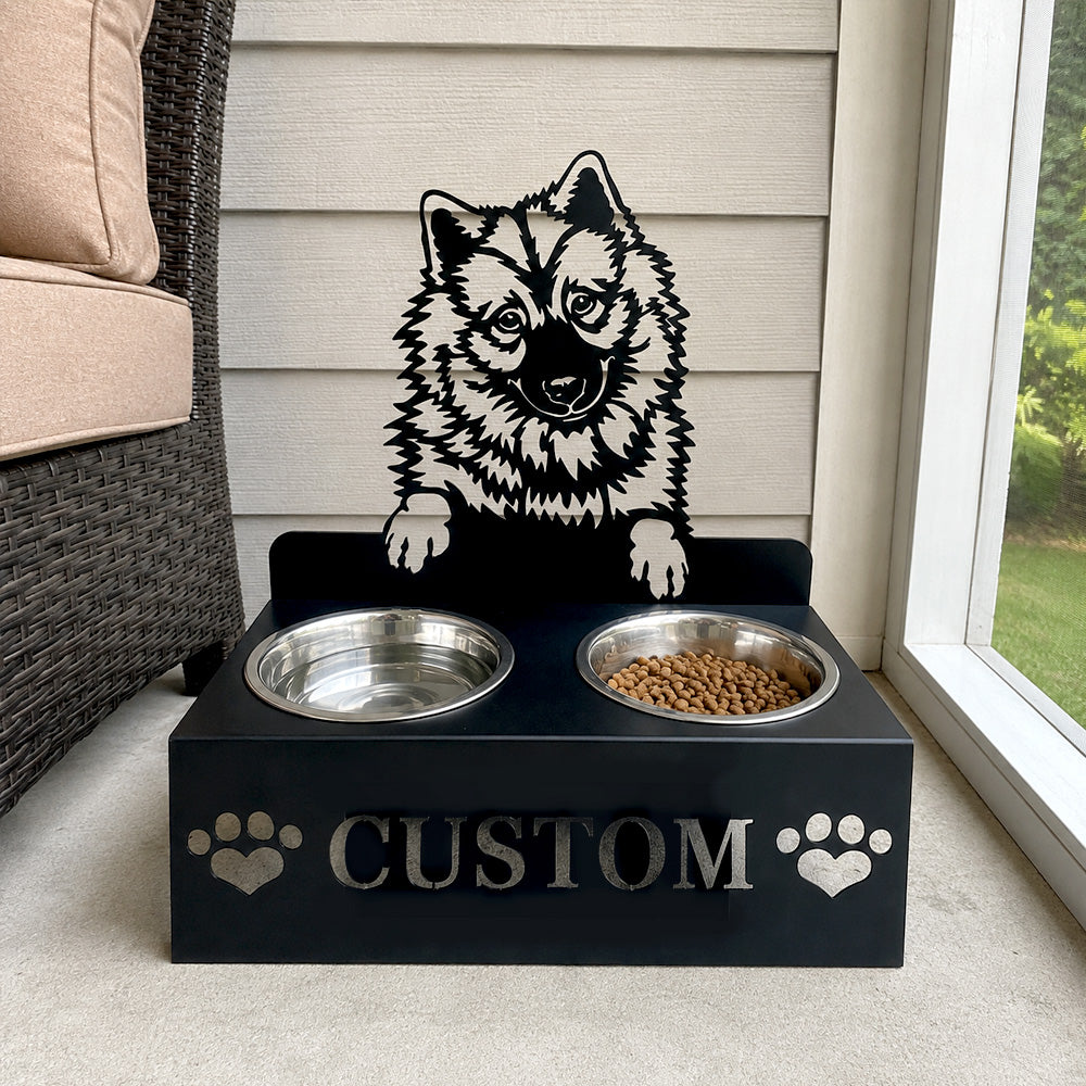 Personalized eurasier dog metal dog bowl stand with custom name cutout and two removable feeding bowls