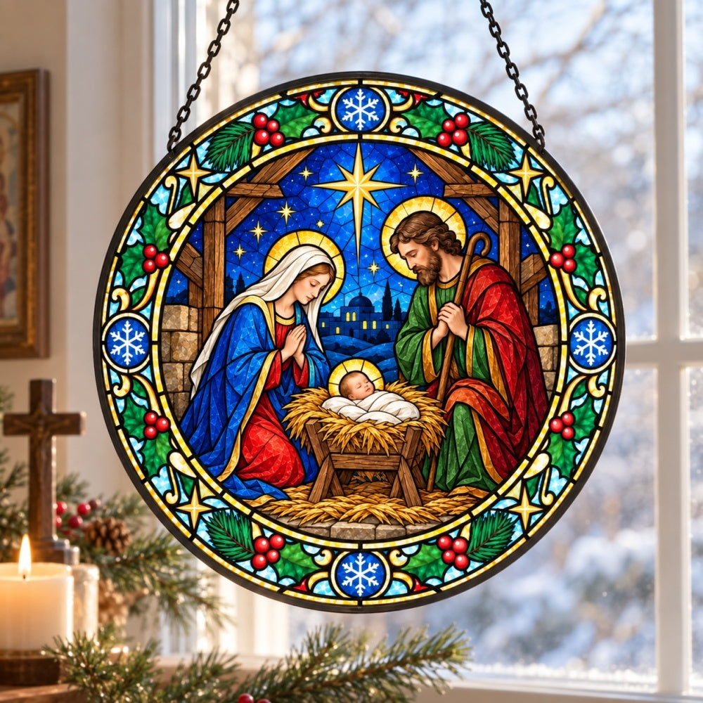 Eve in bethlehem christmas stained glass suncatcher window hanging, suitable for home and garden decoration