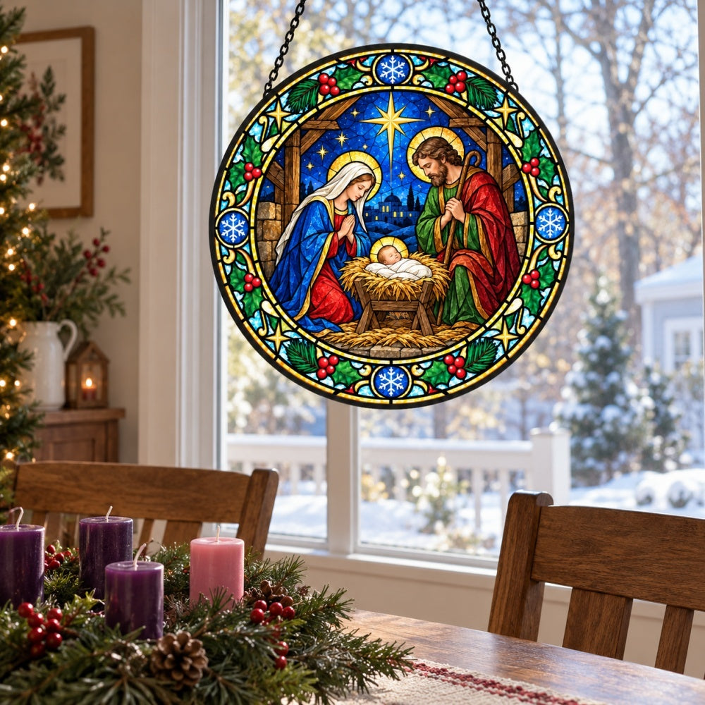 Eve in bethlehem christmas stained glass suncatcher window hanging, suitable for home and garden decoration