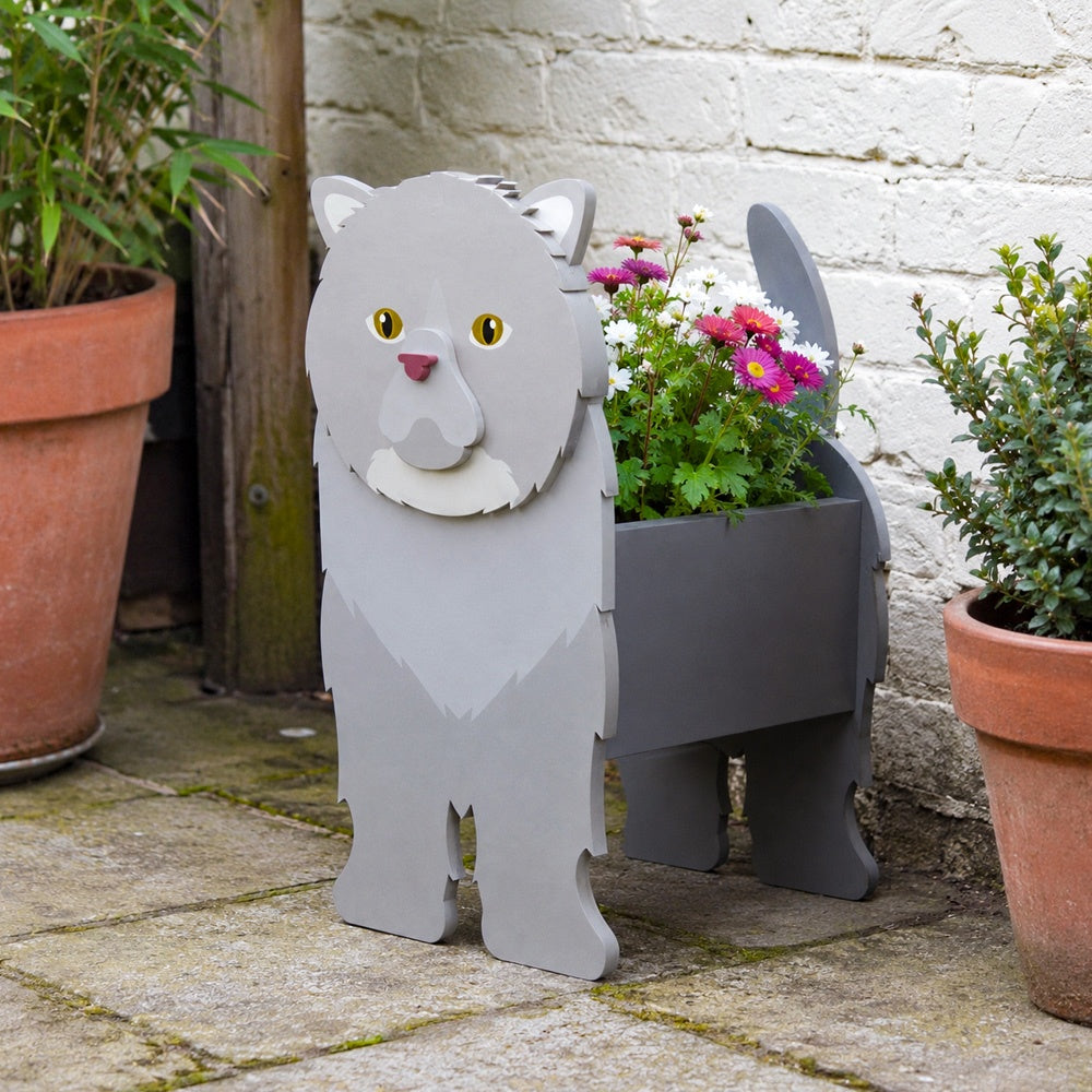 Exotic Shorthair cat planter filled with fresh flowers is placed in the garden