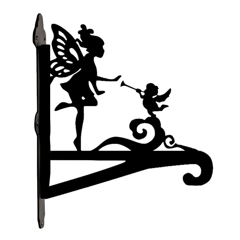 Fairy and angel metal hanging basket bracket mounted on outdoor wall for plant decoration