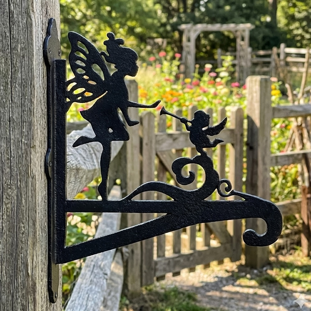 Fairy and angel metal hanging basket bracket mounted on outdoor wall for plant decoration