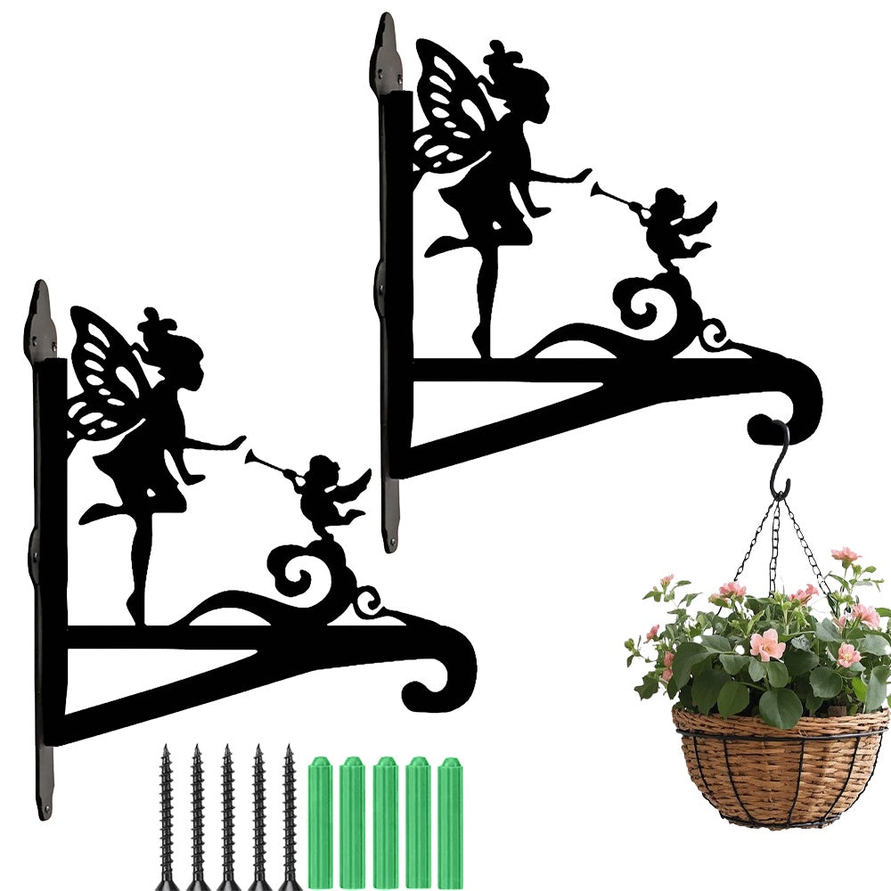 Fairy and angel metal hanging basket bracket mounted on outdoor wall for plant decoration