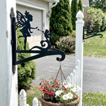 Fairy and angel metal hanging basket bracket mounted on outdoor wall for plant decoration
