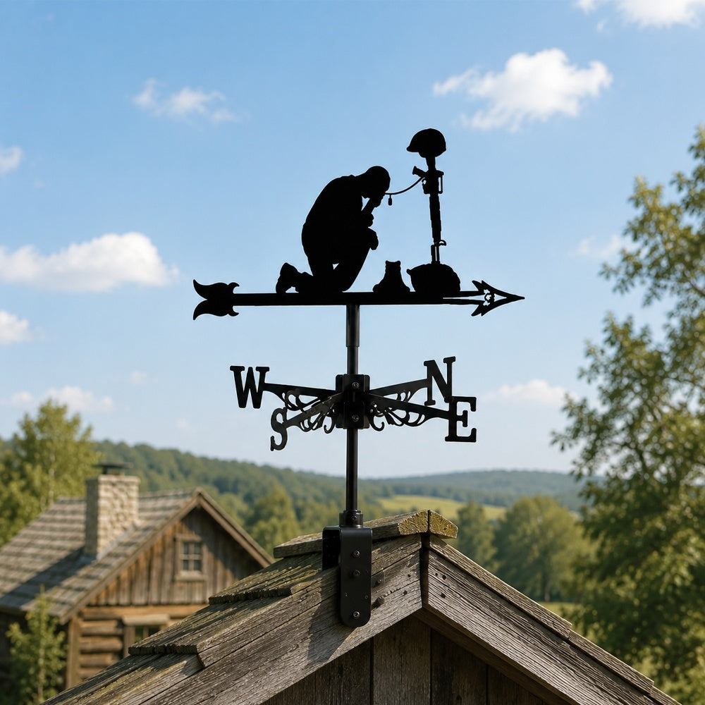 Fallen soldier cross metal weather vane with directional arrows and mounting rod, outdoor roof and garden decoration