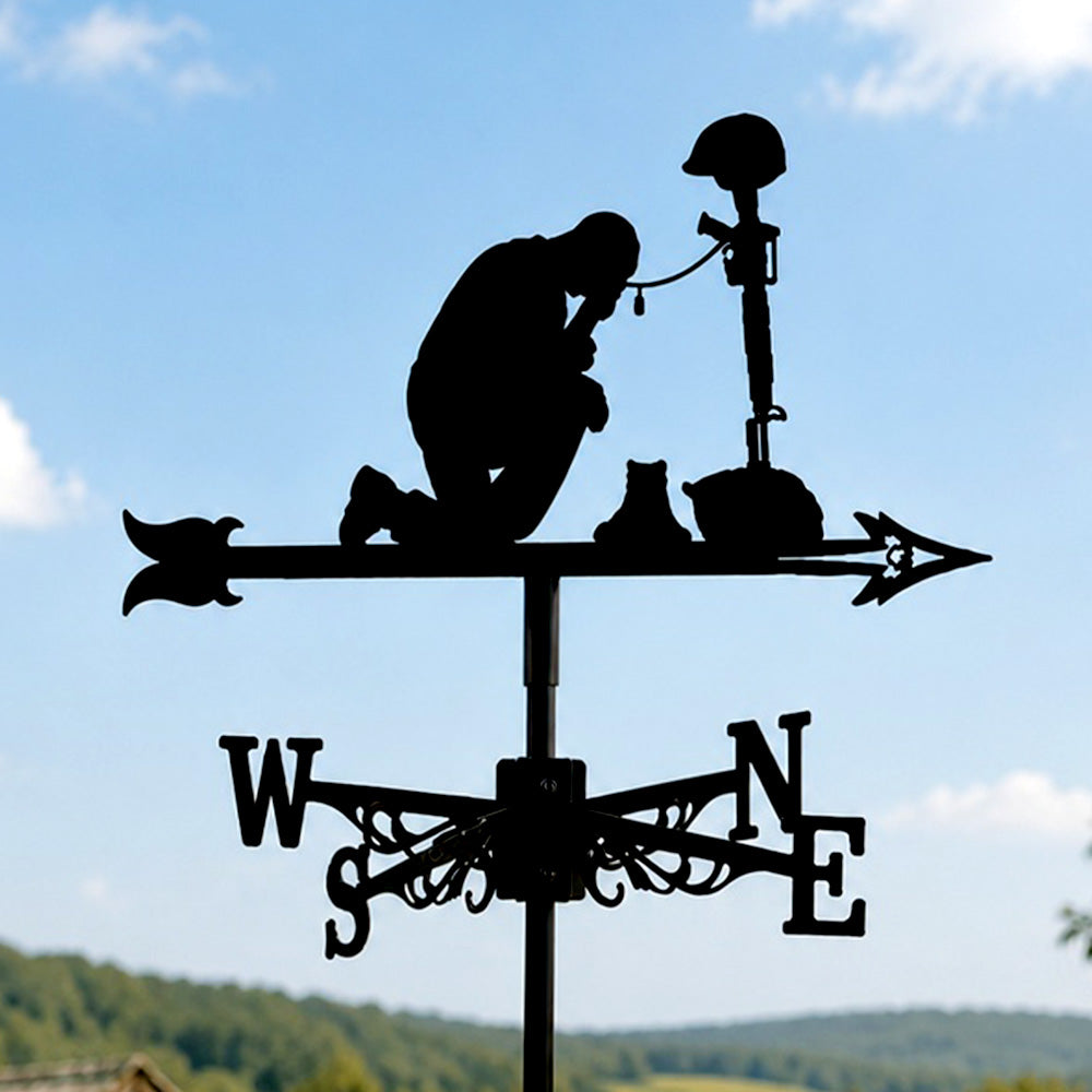 Fallen soldier cross metal weather vane with directional arrows and mounting rod, outdoor roof and garden decoration