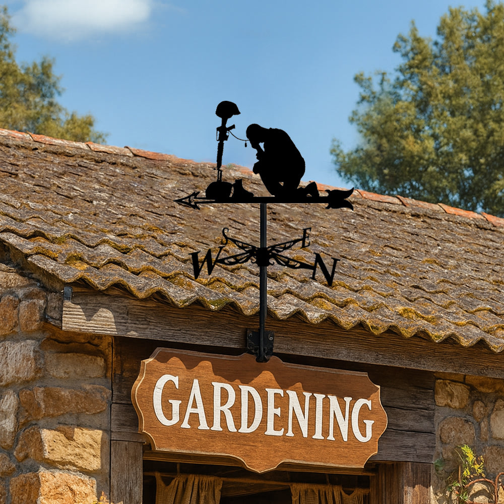 Fallen soldier cross metal weather vane with directional arrows and mounting rod, outdoor roof and garden decoration