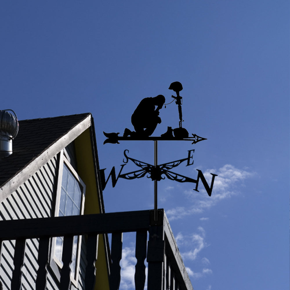 Fallen soldier cross metal weather vane with directional arrows and mounting rod, outdoor roof and garden decoration