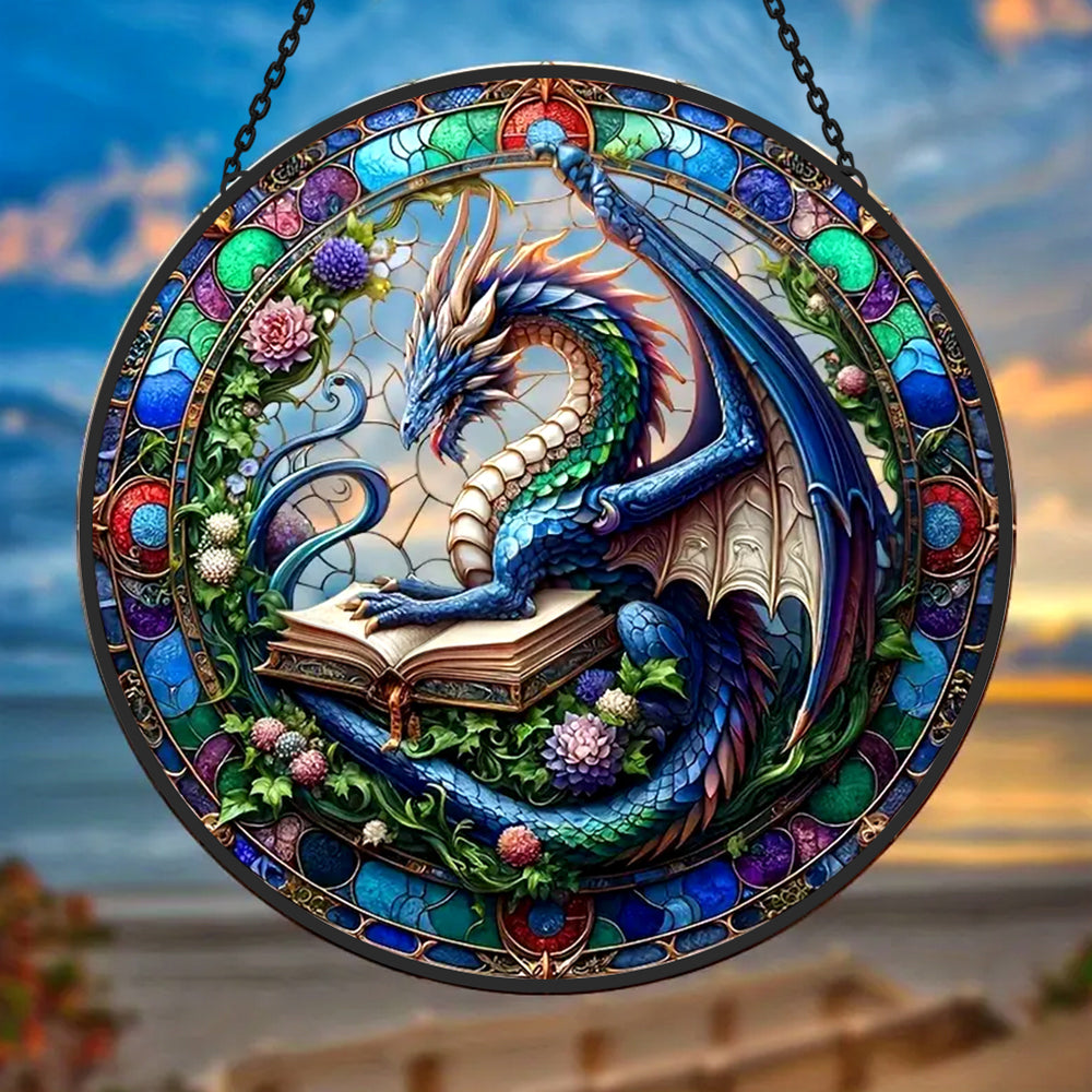 Fantasy dragon book guardian stained glass suncatcher window hanging, suitable for home and garden decoration
