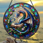 Fantasy dragon book guardian stained glass suncatcher window hanging, suitable for home and garden decoration