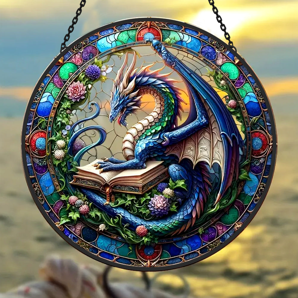 Fantasy dragon book guardian stained glass suncatcher window hanging, suitable for home and garden decoration