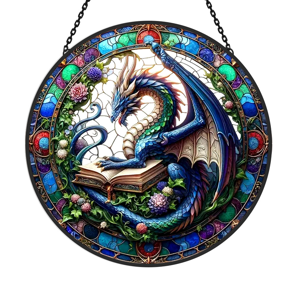 Fantasy dragon book guardian stained glass suncatcher window hanging, suitable for home and garden decoration