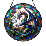 Fantasy dragon book guardian stained glass suncatcher window hanging, suitable for home and garden decoration