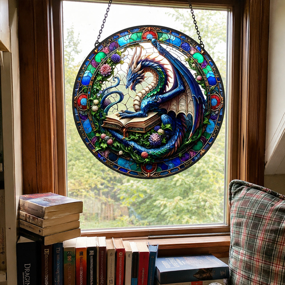 Fantasy dragon book guardian stained glass suncatcher window hanging, suitable for home and garden decoration