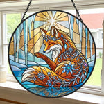 Fantasy winter ice fox stained glass suncatcher window hanging, suitable for home and garden decoration