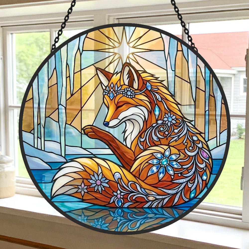 Fantasy winter ice fox stained glass suncatcher window hanging, suitable for home and garden decoration