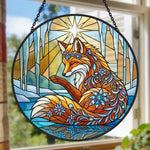 Fantasy winter ice fox stained glass suncatcher window hanging, suitable for home and garden decoration