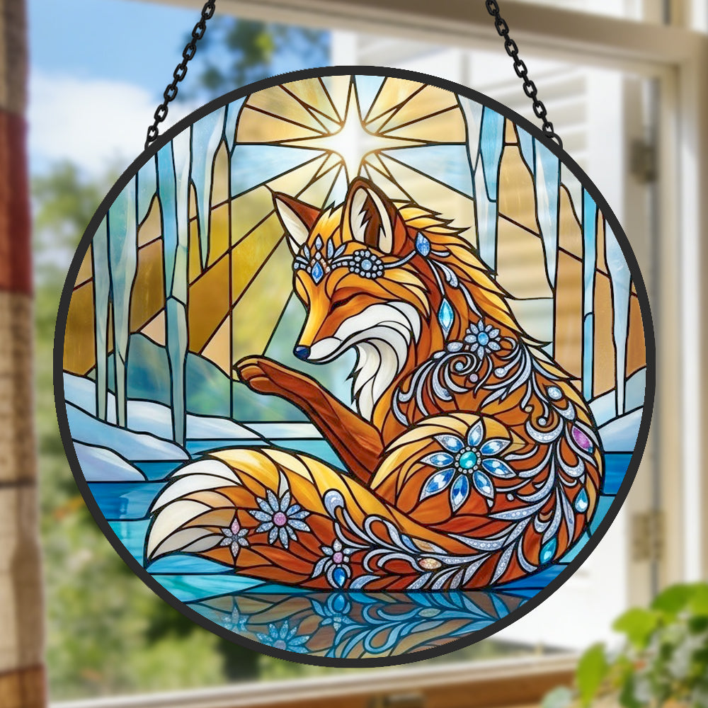 Fantasy winter ice fox stained glass suncatcher window hanging, suitable for home and garden decoration