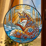 Fantasy winter ice fox stained glass suncatcher window hanging, suitable for home and garden decoration