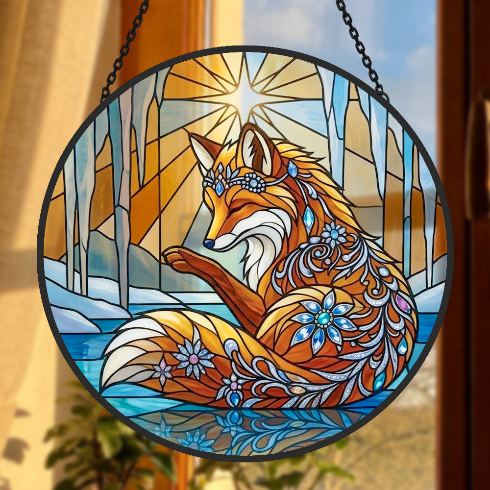 Fantasy winter ice fox stained glass suncatcher window hanging, suitable for home and garden decoration