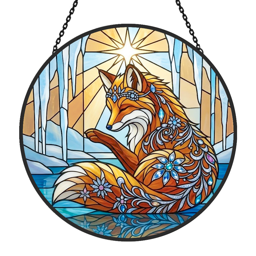 Fantasy winter ice fox stained glass suncatcher window hanging, suitable for home and garden decoration