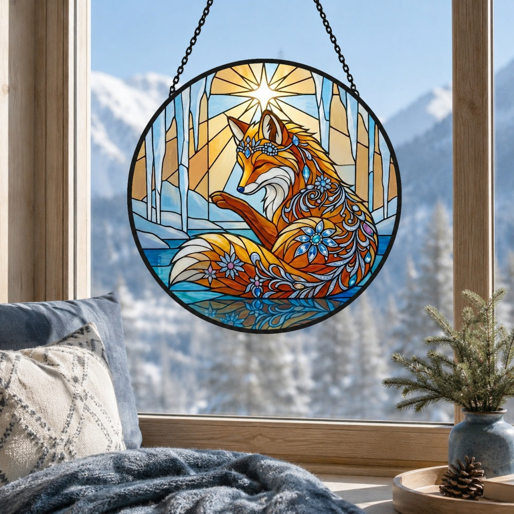 Fantasy winter ice fox stained glass suncatcher window hanging, suitable for home and garden decoration