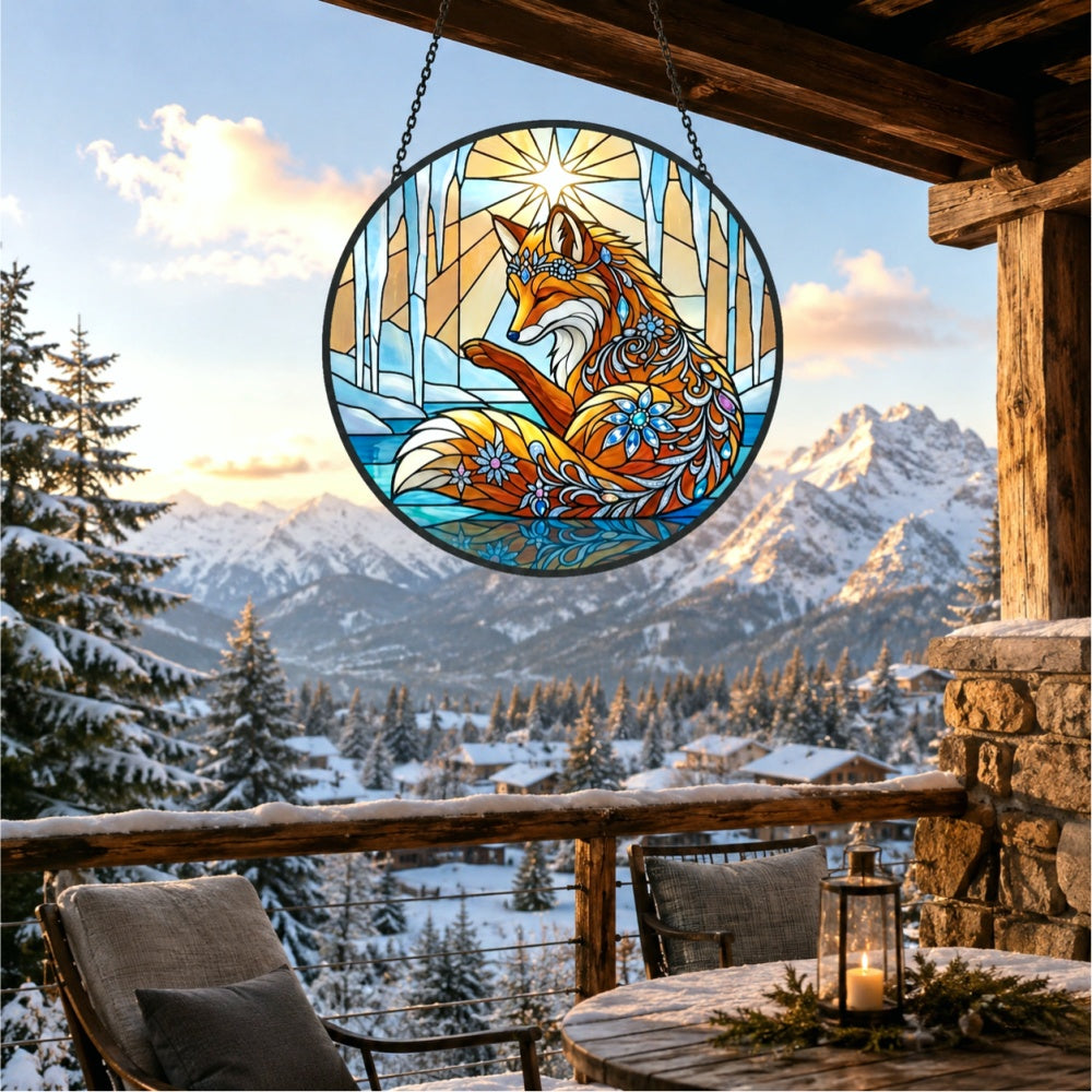 Fantasy winter ice fox stained glass suncatcher window hanging, suitable for home and garden decoration
