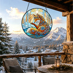 Fantasy winter ice fox stained glass suncatcher window hanging, suitable for home and garden decoration