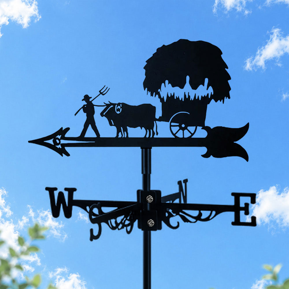 Farm harvest ox cart metal weather vane with directional arrows and mounting rod, outdoor roof and garden decoration