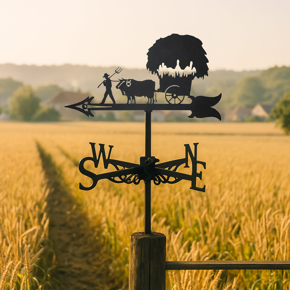 Farm harvest ox cart metal weather vane with directional arrows and mounting rod, outdoor roof and garden decoration