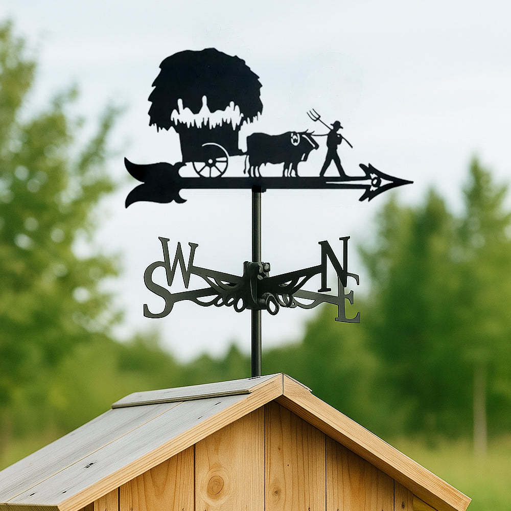 Farm harvest ox cart metal weather vane with directional arrows and mounting rod, outdoor roof and garden decoration