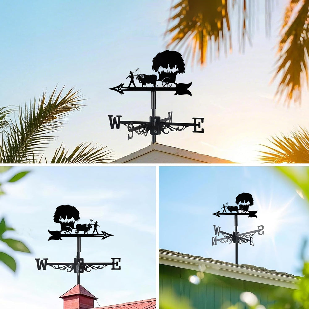 Farm harvest ox cart metal weather vane with directional arrows and mounting rod, outdoor roof and garden decoration
