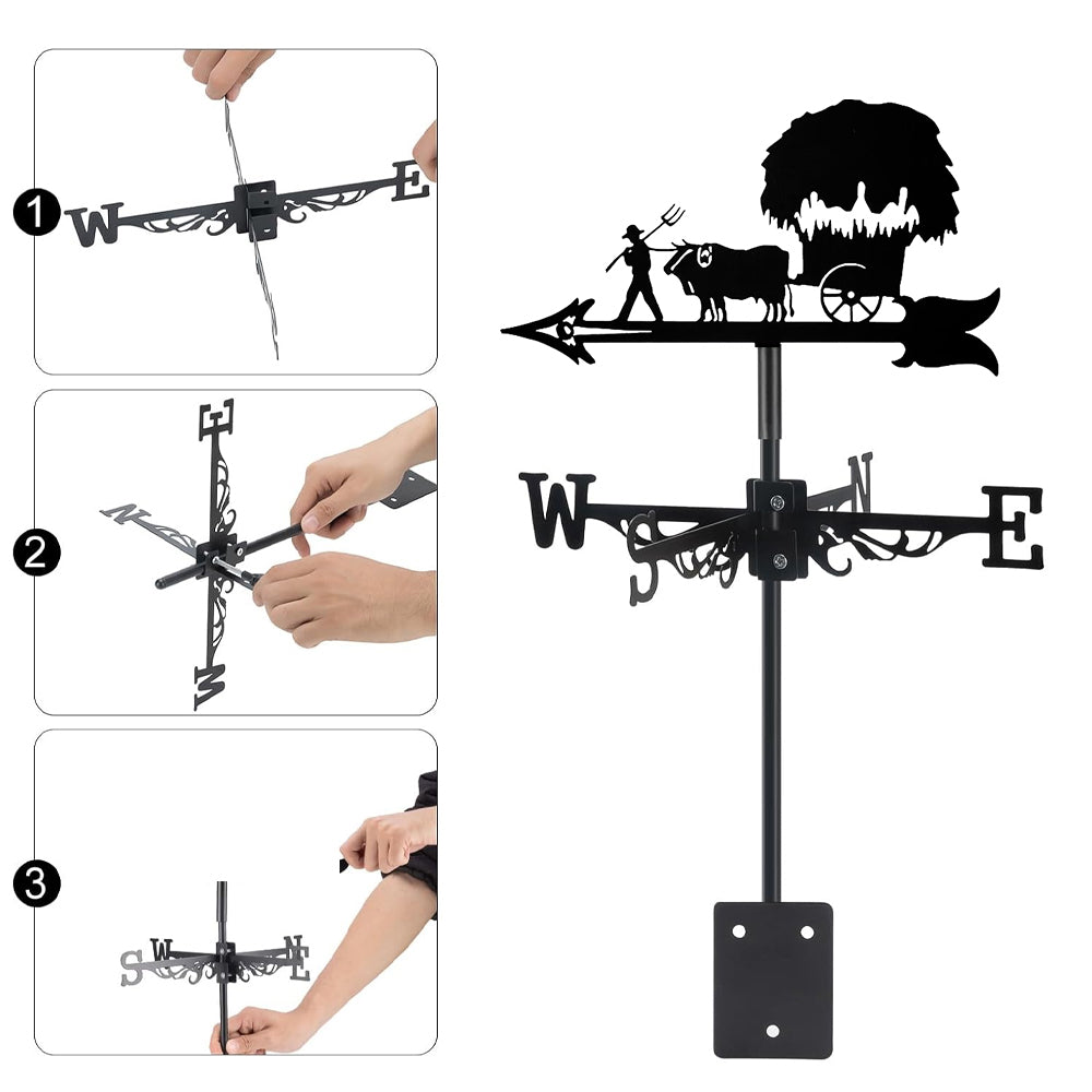 Farm harvest ox cart metal weather vane with directional arrows and mounting rod, outdoor roof and garden decoration
