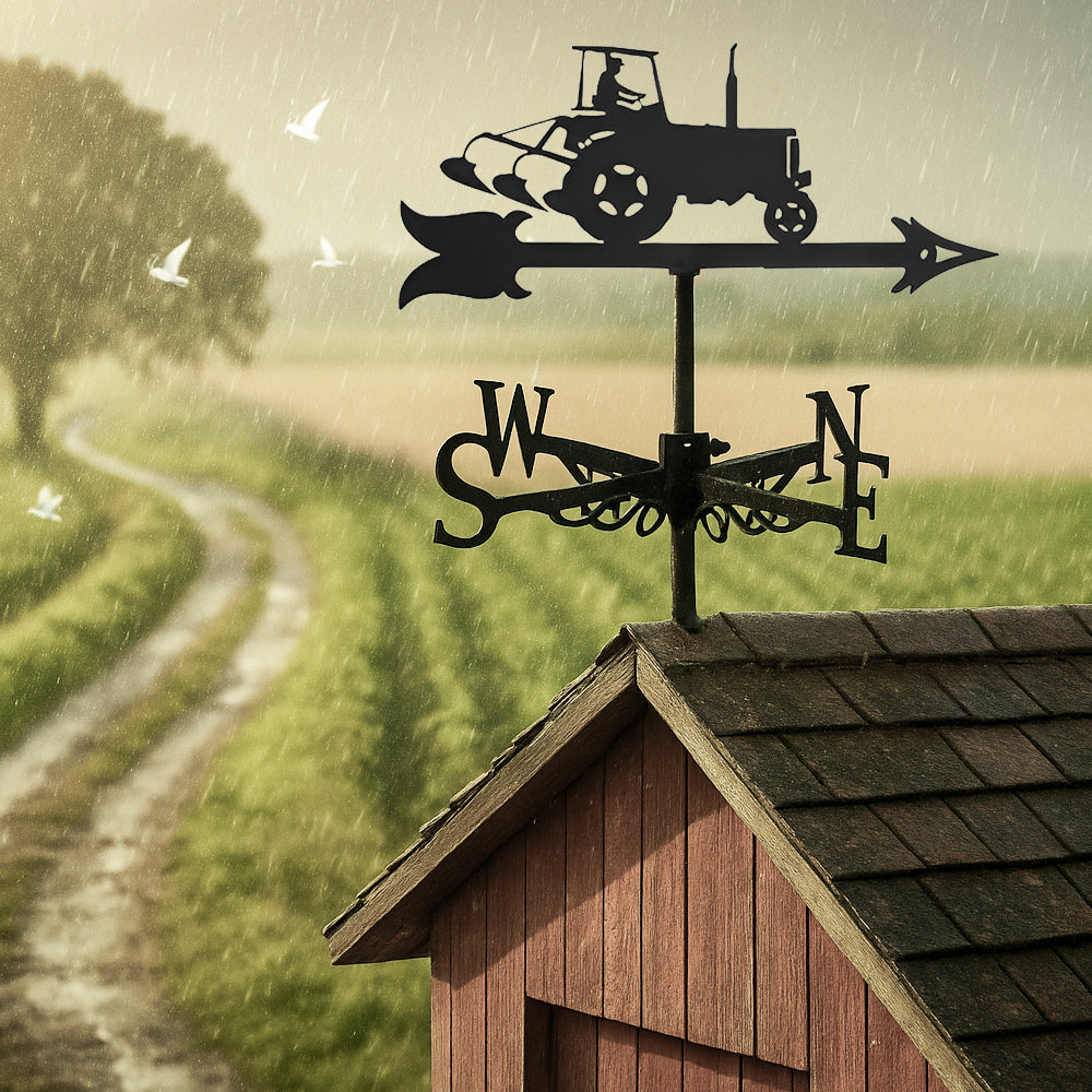 Farm tractor metal weather vane with directional arrows and mounting rod, outdoor roof and garden decoration