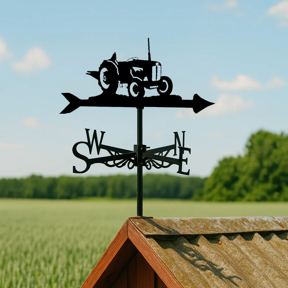 Farm tractor metal weather vane with directional arrows and mounting rod, outdoor roof and garden decoration