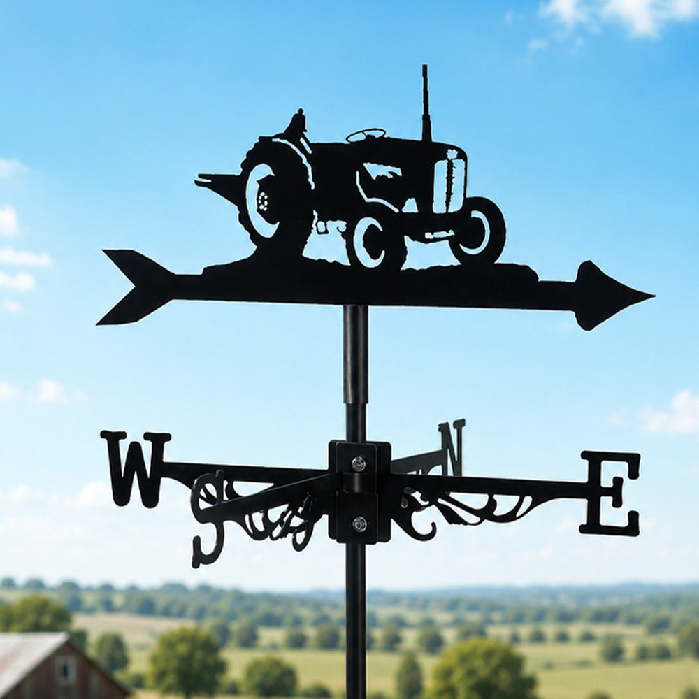 Farm tractor metal weather vane with directional arrows and mounting rod, outdoor roof and garden decoration