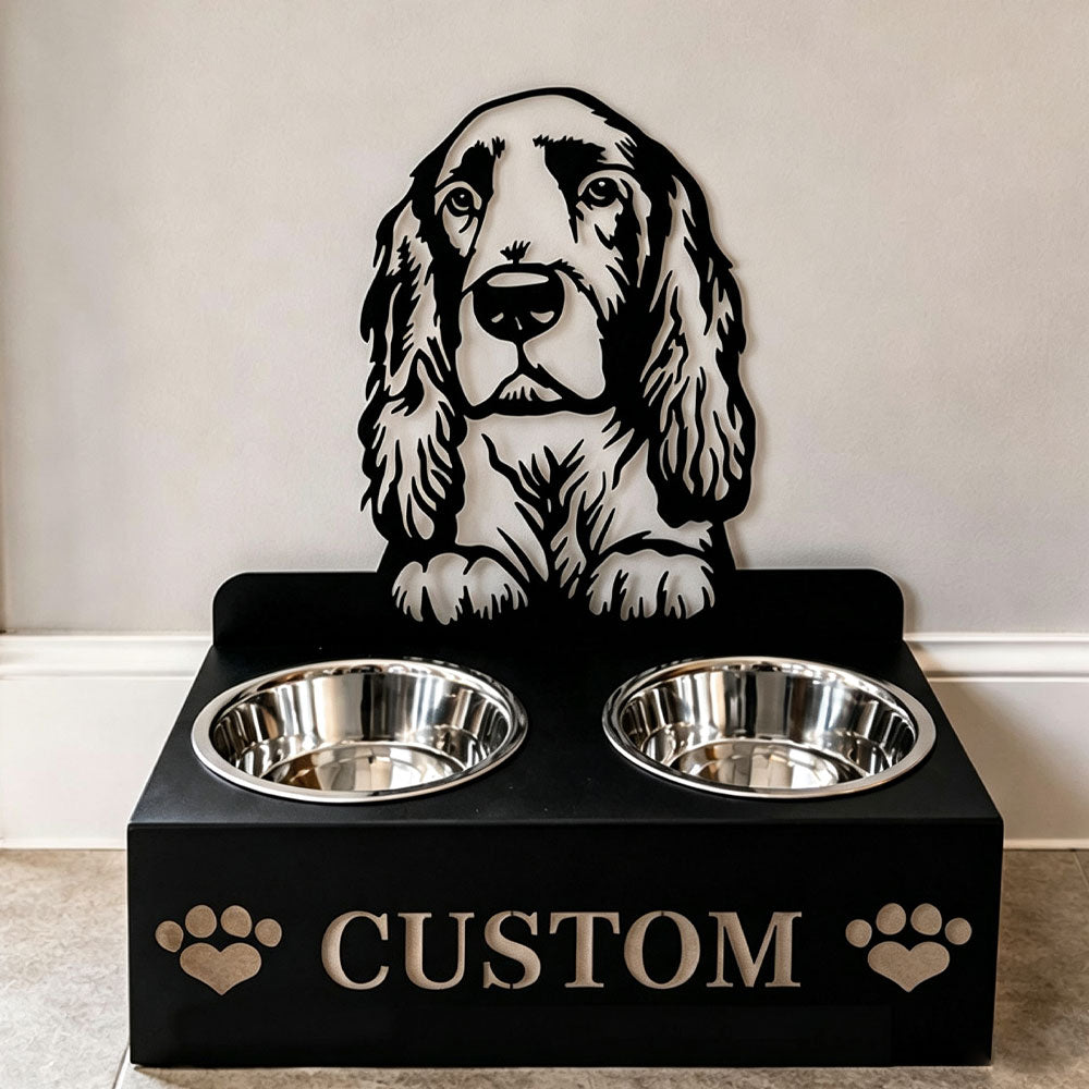 Personalized field spaniel dog metal dog bowl stand with custom name cutout and two removable feeding bowls